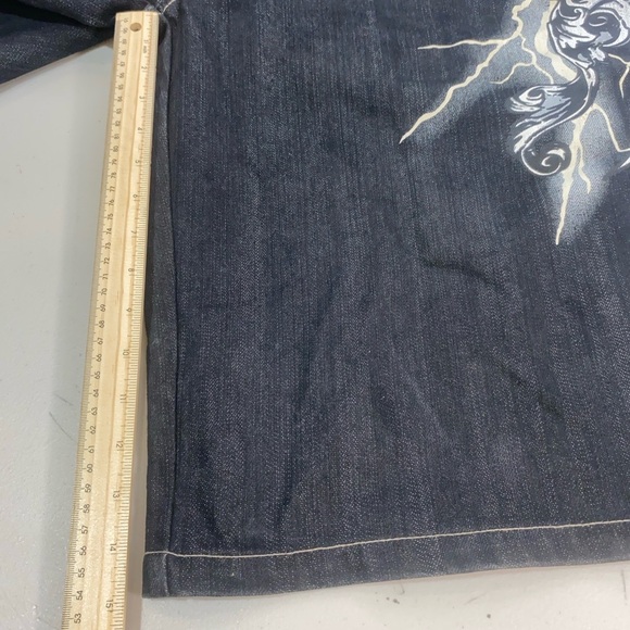 Y2K‎ Baggy JNCO Style Graphic Denim Shorts Lightning Fleur-de-Lis Bling Detail - Picture 6 of 16